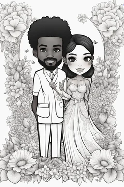 create a outlined coloring page of a chibi black characters of a male and female couple surrounded by flowers. Pay attention to the details of the faces and flowers and the emotions conveyed by the couple. White background, sketch style, half of body, use outline, Mandala style, clean line art, no shadows, no coloring, no shading, no grey.