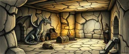 book illustration, realistic artist drawn fantasy map of 4x4 meter room, with a young dragon and an orc captain, and a chest under a table, the room is rough and cavelike, we also see mapping of the corridors around the room