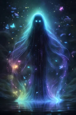a lonely bioluminiscent transparent (((black ghost))) flowing in a mystical rainbow, fireflies, 8K, HD, intricate details, anime style