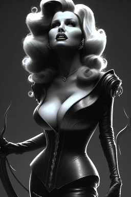 Rita Hayworth as evil queen in black leather, leather, busty, cleavage, angry, stern look. character design by cory loftis, fenghua zhong, ryohei hase, ismail inceoglu and ruan jia. unreal engine 5, artistic lighting, highly detailed, photorealistic, fantasy