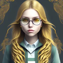 Girl with long wavy brown blond hair, yellow eyes. Wears Hogwarts Hufflepuff uniform, sunglasses with a yellow clip. She has a snowy owl with yellow eyes on her shoulder.