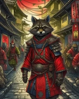 highly detailed concept illustration of an alternate reality ancient China samurai racoon wanderer in a street, maximalist, highest resolution, Masahiro Ito, boldly inked, 8k, coarse, red