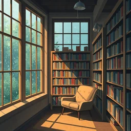 A cozy library scene with rain falling outside the windows, bookshelves filled with books, a comfortable reading nook with a soft chair, and warm lighting creating a peaceful atmosphere.