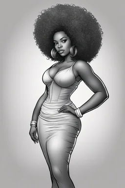 Create a coloring page of a beautiful curvy black female looking to the side with la curly afro. No shading, No color, define lines, clean lines