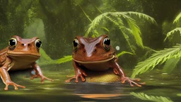 a brown frog with black stripes looking at a river running through a lush green forest, a picture by Jacob Willemszoon de Wet, shutterstock contest winner, ecological art, creative commons attribution, velvia, mobile game art