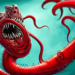 Red Tentacle monster with teeth, horror, detailed, realistic, gore, eyes, 4K