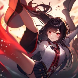 Clear focus,High resolution, black long hair, Vibrant red eyes, Emo, wearing a short skirt, kicking pose