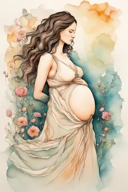 alcohol ink on textured paper, strong textures, dynamic ink lines, washed ink, nuanced colors, vignette, illustration of a pregnant woman lovingly looking at her belly while caressing it, wearing a flowy dress, flowers, whimsical, enchanting illustration