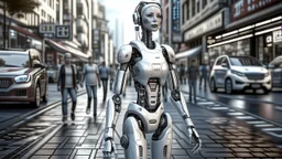 female robot, in a street, shops, cars, people