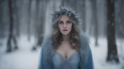 photoreal magnificent twenty year old frosted fierce angelic goddess of the christmas forest with frost covered skin and a gorgeous blue dress in a decorated christmas tree forest with baubles and candles in holy mist and snow by lee jeffries, otherworldly creature, in the style of fantasy movies, photorealistic, shot on Hasselblad h6d-400c, zeiss prime lens, bokeh like f/0.8, tilt-shift lens 8k, high detail, smooth render, unreal engine 5, cinema 4d, HDR, dust effect, vivid colors