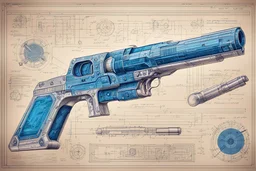 Hand drawn technical illustration , with detailed blueprints and engineering schematics of a highly advanced laser pistol , with highly detailed features, drawings, and technical notation, 8k, vibrant natural colors