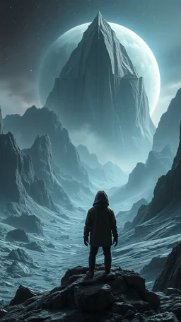 realistic photo of a landscape covered in granite that looks futuristic with futuristic lighting , a giant hooded creature looking at the view