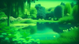 Contemplative, dreamy and geometric photo of a garden with a lake. Shapes are grainy and with a little blur. Colors are vivid electric blue and electric green.