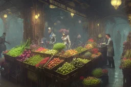 A greengrocer in colorful varanasi street+Gothic city+BioShock+Dishonored+Bloodborne +trieste+Edinburgh+Chicago+victorian London+decòpunk Skyscraper+ +steampunk+biopunk+alphonse mucha, greg rutkowski,matte painting, cryengine, hyper detailed, felix kelly, fantasy art, seb mckinnon