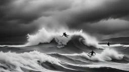 A gritty black and white photograph capturing a group of asylum surfers riding massive waves of madness and chaos. The scene is chaotic and intense, with swirling waters and dark storm clouds looming overhead. The surfers are depicted in various poses, balancing on their boards as they navigate the turbulent waters. The overall mood is one of adrenaline-fueled excitement and danger, with a hint of surrealism and mystery