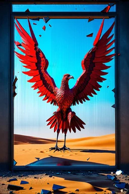 vibrant artwork featuring a red mechanical vulture made of scrap metal rearing against an arafed damaged glass door with frame standing in the middle of a desert, amazing reflections, amazing verticals, dramatic, dynamic, anxiety vibe, background is a blend of gray tones and random splinter glitch fragments in cobalt blue and yellow, creating an unnerving atmosphere