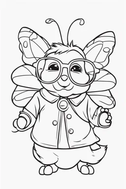 Outline art for cute coloring pages with butterfly with glasses, full body, white background, sketch style, only use outline, clean line art, no shadows and clear and well outlined.