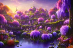 monde en fleurs, flower tree-houses, concept art, crépuscule , fuksia bleu oranger, vibrant Color, réaliste, riviere bleu, tree-house wisteria