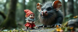 close up on pixie quickling gnome and a giant troll huge funny mouse, with background motion blur, in magical forest scene, in the style of Rembrandt