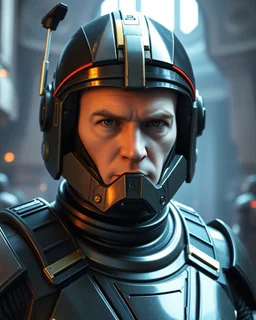 star wars bald male corellian pilot wearing pearlescent black and gunmetal grey First Order special forces heavy assault stealth commando armor and helmet with gold and metallic red trim inside the jedi temple, hyperdetailed, dynamic lighting, hyperdetailed background, 8k resolution, volumetric lighting, light skin, fully symmetric details