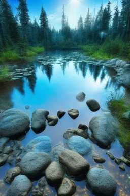 ciel bleu etoilé, petit lac, NÉNUPHAR, mousse sur les rochers, vray, bouillard au sol, soleil