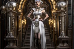 full body and headshot of a skinny Cleopatra, with a silver bob hairstyle, standing in a steampunk setting.