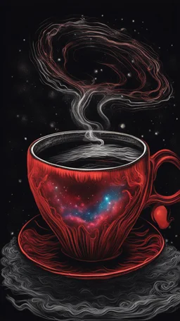 realistic cosmic red coffee looking illustration t shirt art, front view, vibrant color, black background