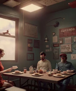 Realistic scene, American shot view, 0 gravity, levitating man and woman sitting in cafeteria and having breakfast, Wes Anderson, fly, floating, soft color, highly detailed, unreal engine 5, ray tracing, RTX, lumen lighting, ultra detail, volumetric lighting, 3d, finely drawn, high definition, high resolution.