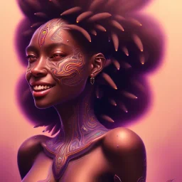 Portrait of black woman psychedelic, smiling, sango fantasy, fantasy magic, intricate, sharp focus, illustration, lot's of grain on the skin, tribal tatoos,highly detailed, digital painting, concept art, matte, masterpiece, one head, high key lighting, volumetric light high details psychedelic background