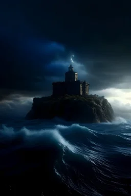 A national geographic photograph of poseiden rising from the depths of the ocean as a storm swirls and rafes around. 3d with depth of field and shadow, brutalist, ultra realistic hyperdetailed, blue hour ambient lighting