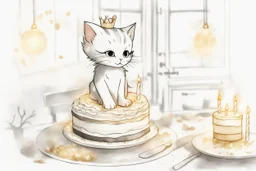 birthday cake, black and white chibi kitten in a beautiful kitchen, heart and love in the sunshine, watercolor and black ink outlines, sparkling golden glitter, ethereal, cinematic postprocessing, bokeh, dof