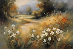 ((best quality)), ((masterpiece)), ((realistic,digital art)), (hyper detailed), Willem Haenraets style painting of star grass flowers, painted by Willem Haenraets
