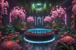 Expressively detailed and intricate 3d rendering of a hyperrealistic : neon jungle, souronded by flowers and plants, front view, symetric, artstation: award-winning: professional portrait: fantastical: clarity: 16k: ultra quality: striking: brilliance: amazing depth: masterfully crafted.