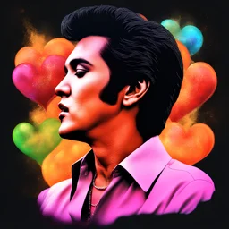 3D hearts and Stars and Bubbles, heart-shaped, electrifying, close-up, Head and shoulders portrait of Elvis in 3D, double exposure shadow of the ghost, Invisible, poignant, extremely colorful, Dimensional rifts, multicolored lightning, outer space, planets, stars, galaxies, fire, explosions, smoke, volcanic lava, Bubbles, craggy mountain peaks the flash in the background, 32k UHD, 1080p, 1200ppi, 2000dpi, digital photograph, heterosexual love, speedforce