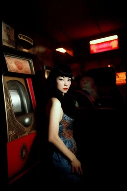 Betty Page art from japanese style 1980 movie. Heavy metal arcade. perfect lighting, leica summicron 35mm f2.0, kodak portra 400, film grain