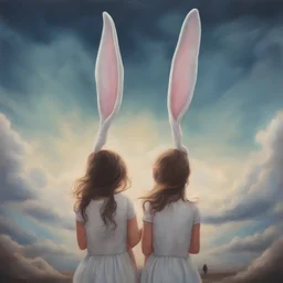Surreal painting of 2 girls, rabbit ears, , the sky in the background