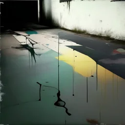 Minimal contemporary oil paintings of Graffiti on the floor of concrete road. In the style of Justin Mortimer and Francis Bacon.