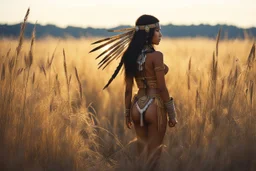 (in the style of Orion, by Masamune Shirow) Subject: A raw, unfiltered, full-body analog photograph captured from behind, focusing on a young Native American woman. She stands tall in a vast, dense field of golden-brown and sun-bleached wild grasses that reach up to her waist. Her skin is warm, bronzed by the sun. Her dark hair is braided in two thick, traditional plaits that hang down her back, interwoven with beads and thin leather strips. She is looking back sharply over her right shoulder wi