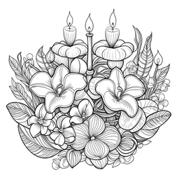 outline art for visually rich appealing heart in orchids plumeria rounded stones candles, ikebana style, coloring page for kids, white background, fit to page, only use outline, clean line art, no shadows, clear and well outlined