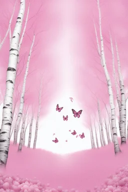 Butterflies and bubbles flying up to the sky through a pink birch forest