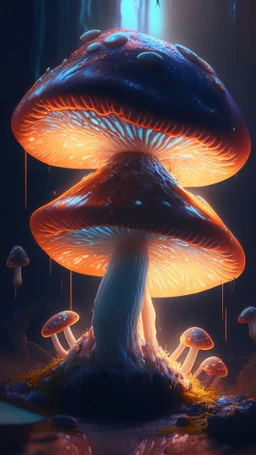 mushroom, bipede,a masterpiece, dynamic lighting, hyperdetailed, splash screen art, trending on Artstation, deep color, Unreal Engine, volumetric lighting