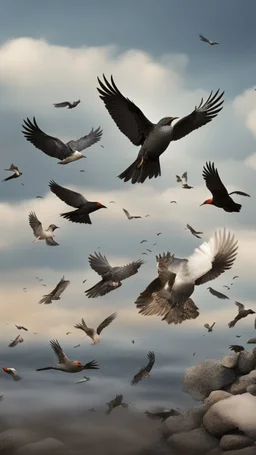 There are many birds in the sky, carrying stones in their feet and beaks