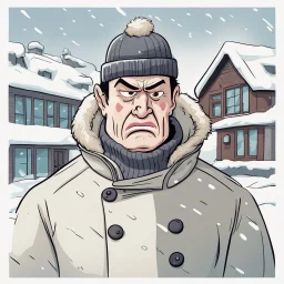 a closeup of a disgusted man in a heavy coat during winter cartoon