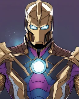 An armor made of a mixture of steel and leather, worn by a strong commander with magical power K's infinity gauntlet has six infinity stones While standing on a majestic height from afar