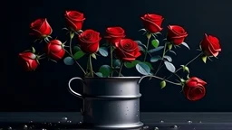 Red rose flowers on watering pot copy space, valentine concept