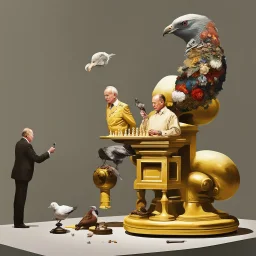 Putin, President Xi Of China And Joe Biden Play Chess With A Pigeon,Ufo And Atomic Bomb Mushroom Cloud,Complex Surgical Instruments Intermixed With A Newborn Boy,Minimalism,Painting By Adrian Ghenie,Rene Magritte,Pablo Picasso,Michelangelo,Salvador Dali,Lucian Freud