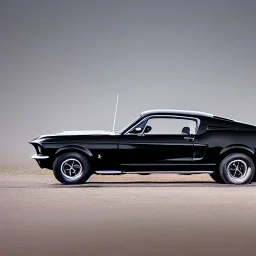 1968 gloss black ford mustang fastback in heavy fog under a bright light