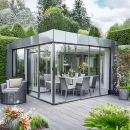 A picture of a modern garden room with silver party decoration