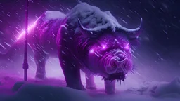 Gorgeous angry purple sabre tooth pig pole with glowing red eyes in a snow storm at night