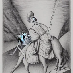 hand drawn in single line by Nicolai Blatter with hatch with parallel wavy lines metal engraving representing the Adventures of Don Quixote de la Mancha in bosch style or salvador dali style